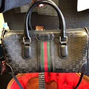 Vintage Gucci Boston Bag black with Signature G and Stripes 70s